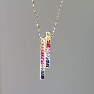 Multicolor-Rainbow Double Bar Sapphire Necklace & Earrings set, 10 karat gold